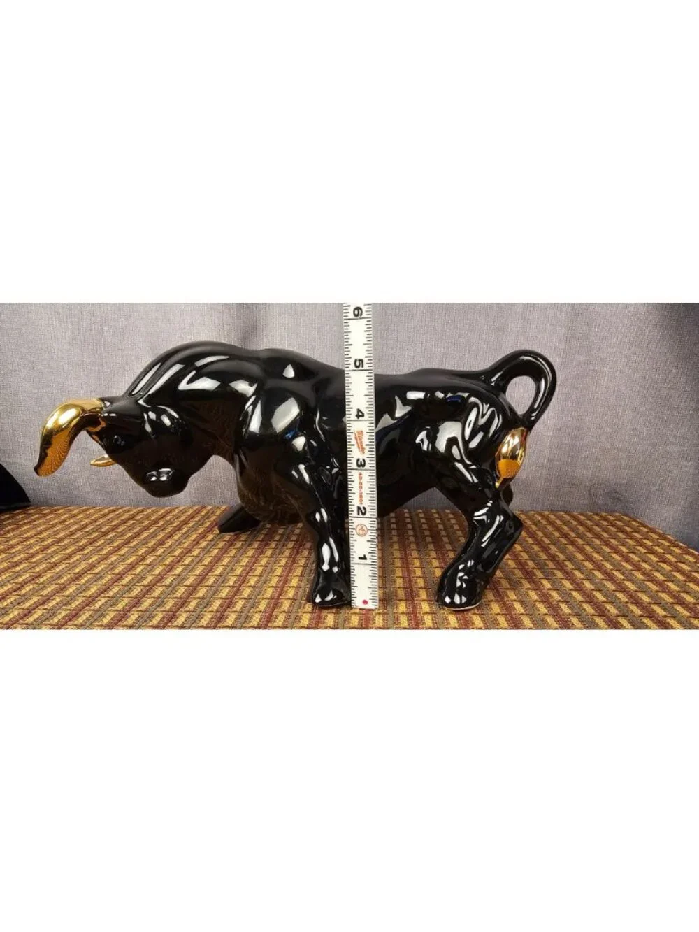 Glossy Black Ceramic Bull Figurine With Gold Horns & Accents - 6